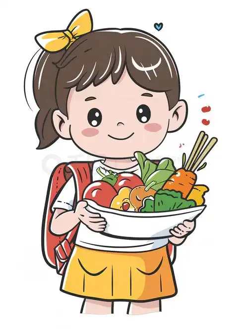 画中学生取菜的场景插画图片