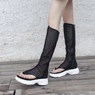 夹趾长靴女夏新款露趾凉靴百搭平底厚底休闲长筒网纱靴透气显瘦靴,可