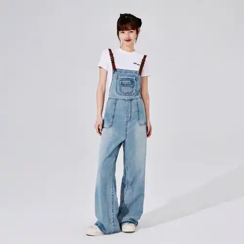 休闲裤玫红色多巴胺男女情侣连体裤牛仔裤htcu水洗做旧复古背带裤