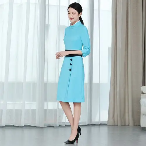 厦门航空制服空姐蓝色连衣裙七分职业装连衣裙