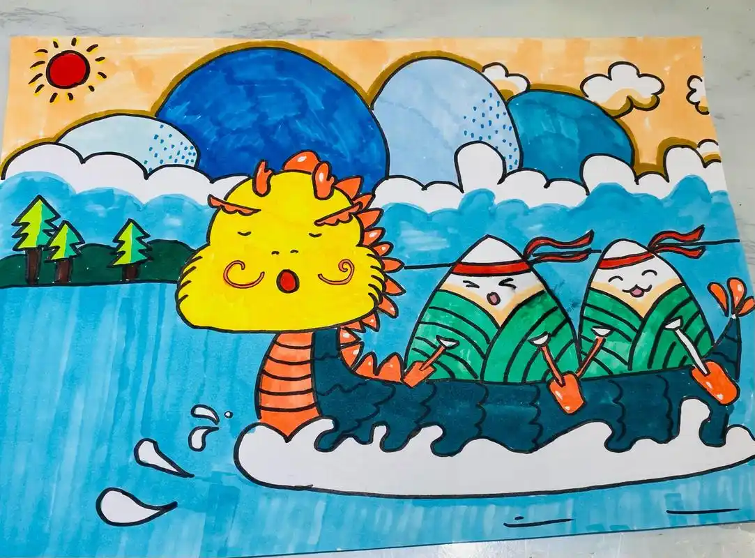端午节快乐 端午赛龙舟儿童画 端午快乐 你吃的甜粽还是咸粽呢