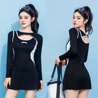 荣淘泳衣女两件套连体式短裙式泳装新款温泉保守遮肉性感修身长袖黑