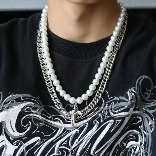丘比特天使珍珠项链男钛钢不掉色嘻哈潮男配饰项链