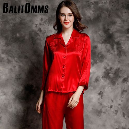 美士(balitomms)真丝睡衣女春秋桑蚕丝两件套家居服长袖女套装 大红色