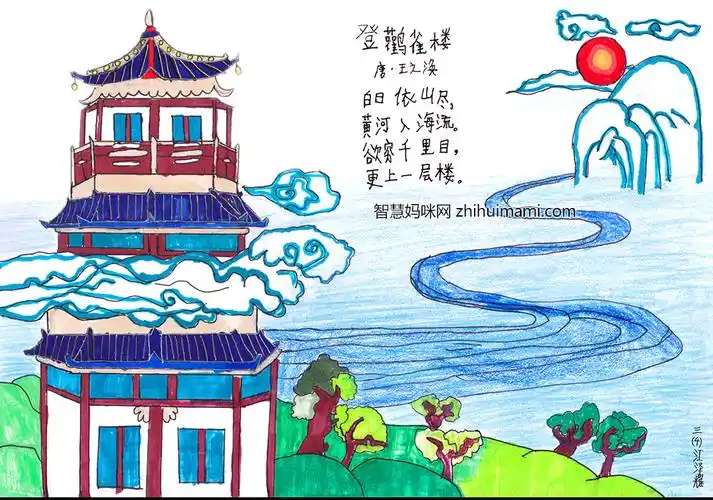 漂亮的古诗绘画《登鹳雀楼》诗配画三张-图2
