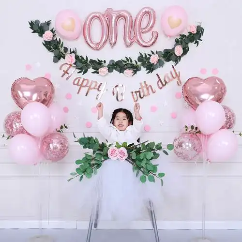 宝宝儿童周岁生日布置装饰气球背景 ins花艺森系派对