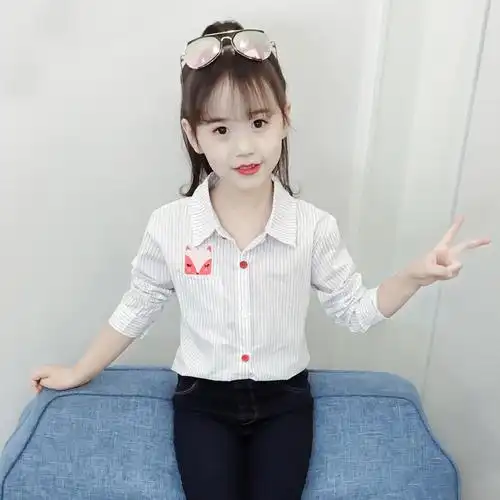 特价白衫女长袖 纯棉_7女大童长袖衬衫8秋装9儿童狐狸头10条纹纯棉12