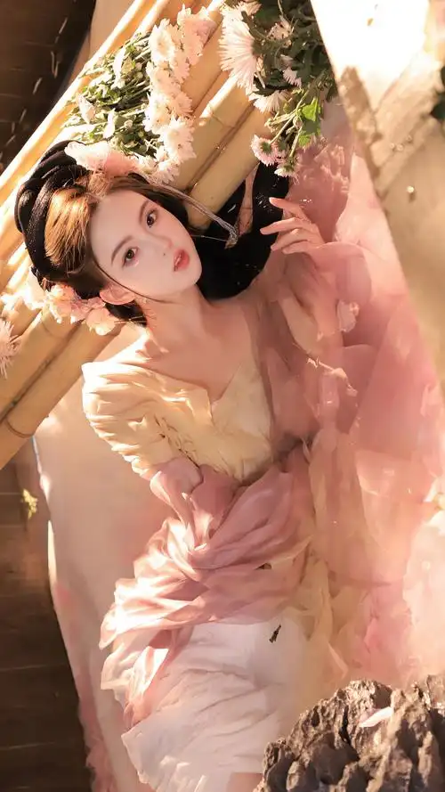 唯美水池美女古风粉色花朵4k手机壁纸图片