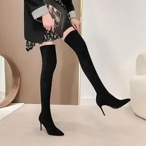 长筒过膝靴弹力感高跟绒面黑色长靴女2023新款秋冬性感细跟尖头