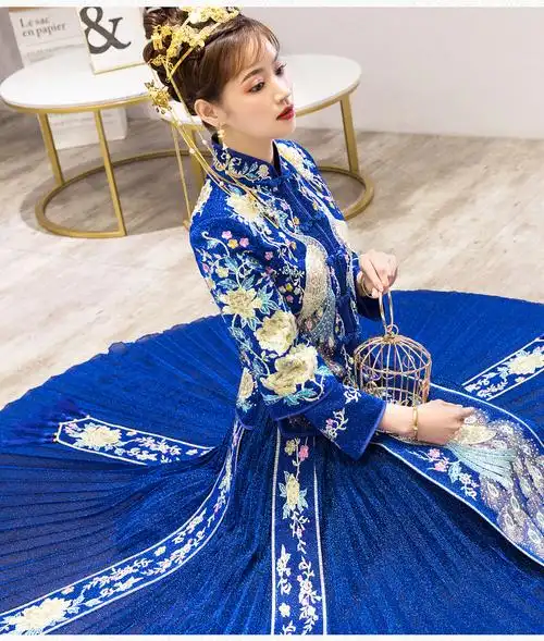 蓝色秀禾服夏季新娘礼服结婚薄款敬酒服带钻修身显瘦秀禾2019新款