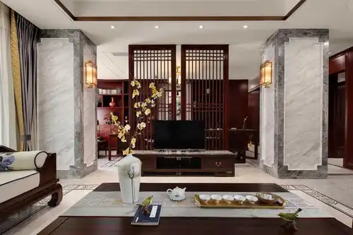 锦华装饰装修实景案例四室两厅新中式风多种材质碰撞出美感