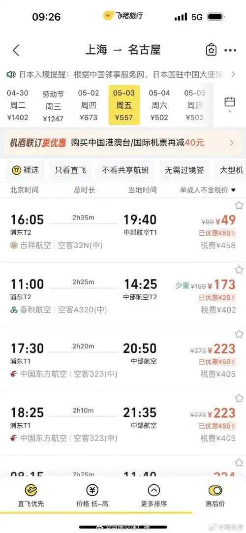 多地五一出境机票卖出白菜价#    "青岛飞首尔仅35元,上海飞大阪仅80