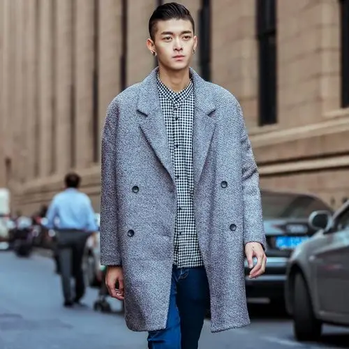 冬季中长款宽松外套毛呢大衣料西装领冬装纯色加厚青年男毛呢大衣