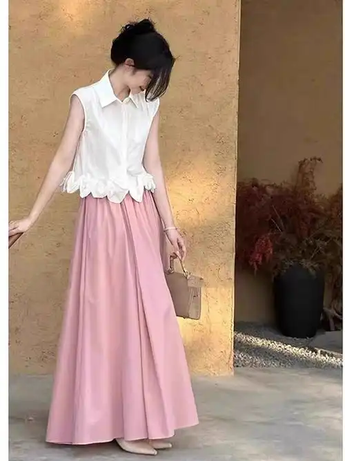韩系无袖polo领花边衬衫女高级感粉色半身裙气质大摆裙伞裙两件