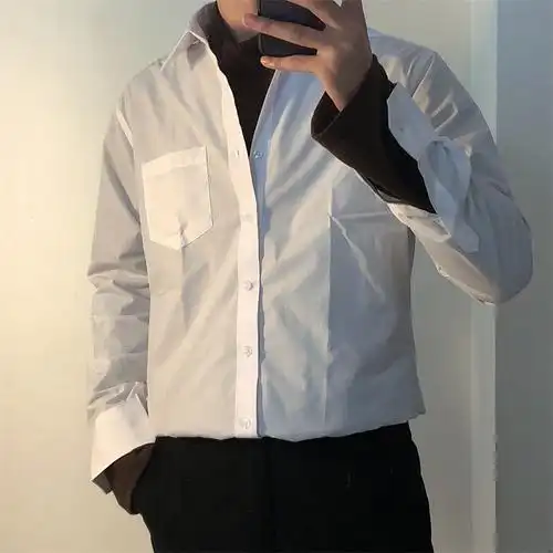 korea studios. 19韩国人手一件基础款长袖白色衬衫配领带 男女款