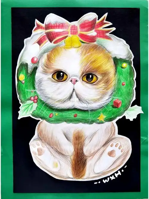 彩铅画作品儿童创意画彩铅画小猫