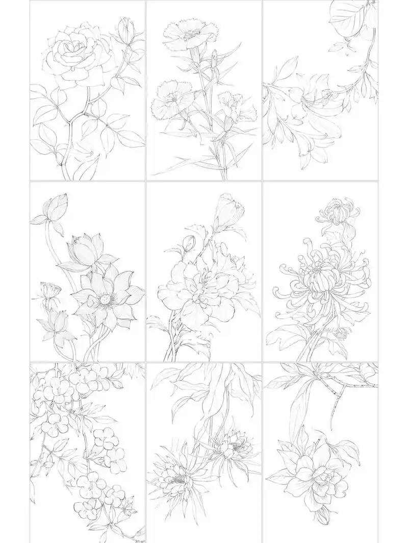 古风线描花卉九宫格 最近的原创线描花卉终于完成9张啦分别是月季