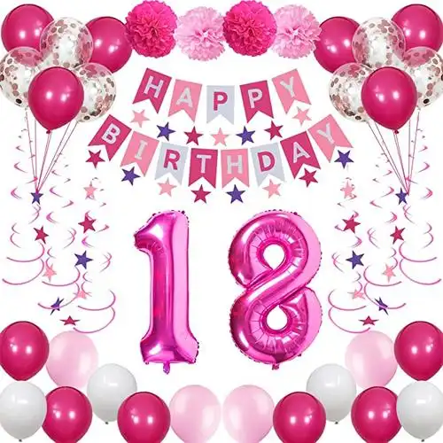 naninuneno 女孩18岁生日装饰品,粉色 18 个生日快乐气球用品,包括