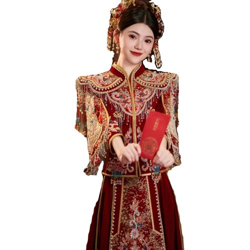 秀禾服新娘重工高端冬季新款结婚中式珠绣丝绒龙凤褂凤冠霞帔婚服