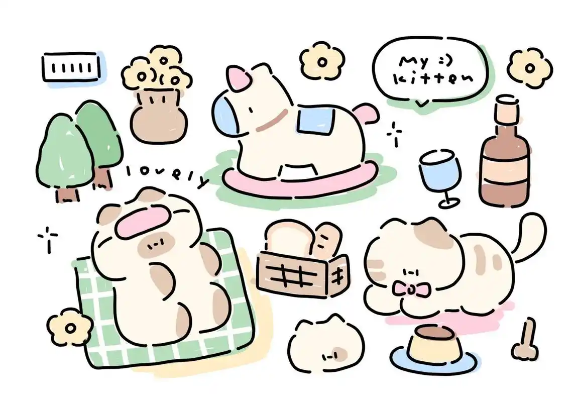 画画的日常# 线条涂鸦小猫咪横屏插画壁纸 #可爱插画# #治愈系插画