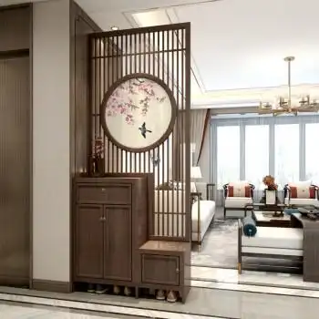 入户进门玄关实木格栅新中式屏风隔断客厅换鞋凳进户门装饰隔断柜 均