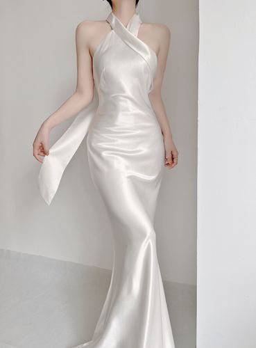 moonylove白色晚礼服挂脖新娘敬酒礼服轻奢鱼尾礼服