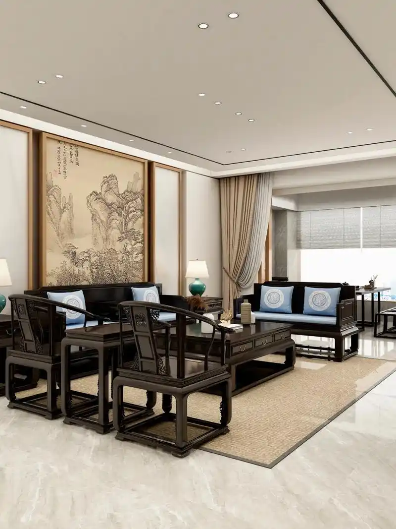 60㎡的新中式客餐厅,简单搭配古典的中式红木家具 成套的红木 - 抖音