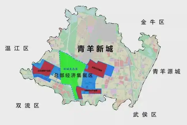 青羊新城规划示意相比而言,武侯新城在产业多样性上要略胜一筹,成飞