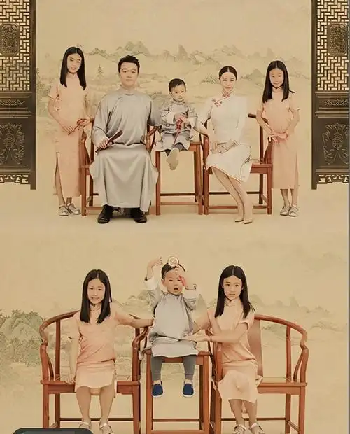 佟大为民国风全家福曝光!12岁大女儿已1米7,小女儿表情端庄