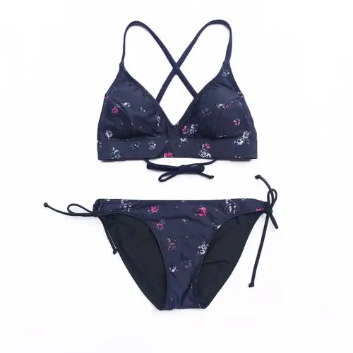 欧美时尚性感三角比基尼游泳衣女复古藏青色碎花聚拢显瘦温泉度假