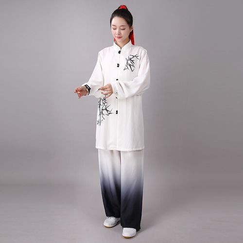 新款太极服竹叶手绘中长款飘逸练功服男女武术表演服中老年春秋款