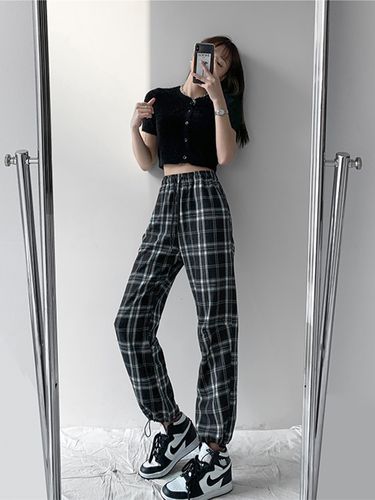黑白格子阔腿裤女春夏季学生宽松抽绳直筒休闲裤休闲裤