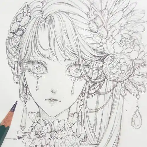 人物黑白动漫素材插画绘画线稿手绘女生男生长发短发转载