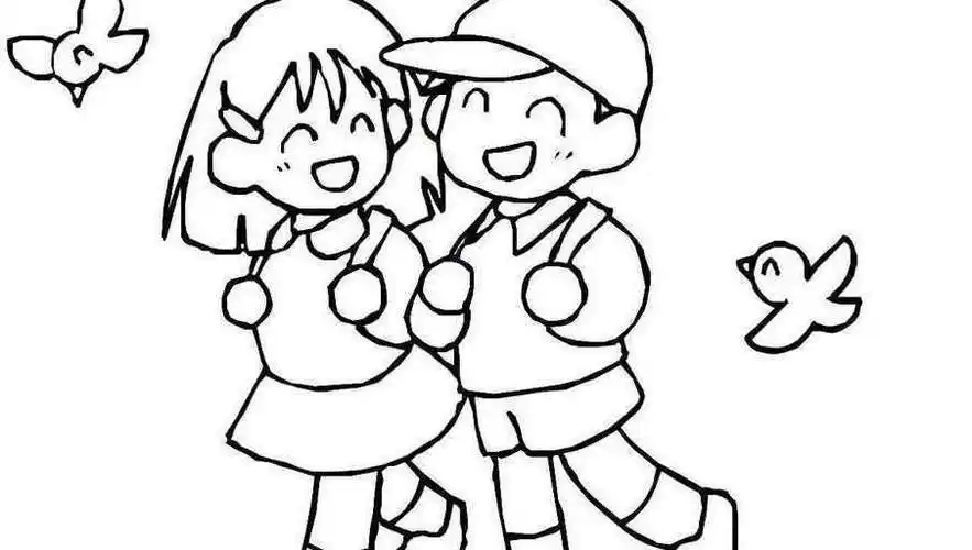 学生放学路上简笔画 小朋友手拉手简笔画-我们一起上学去小孩手牵手