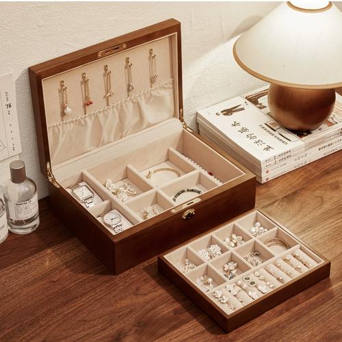 实木带锁首饰盒高档精致多层手饰品收纳盒黄金项链戒指耳钉珠宝盒