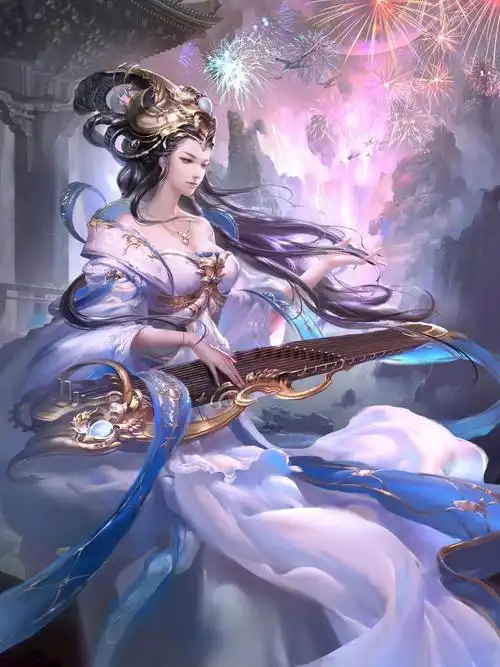 插画中国风古装3d古风美女成熟稳重 古筝 演奏