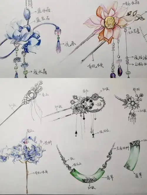 彩铅手绘古风头饰彩铅手绘