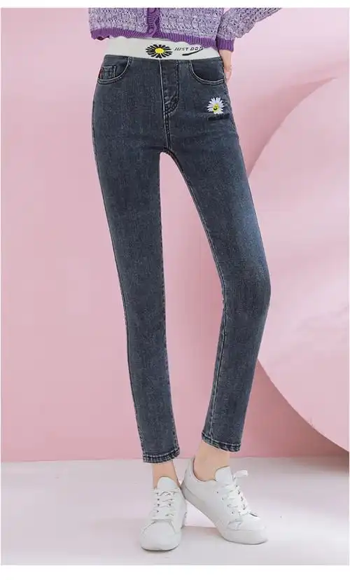 弹力直筒牛仔裤2021秋冬新款女装高腰显瘦长裤休闲百搭女裤 浅兰色 s