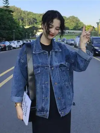 播默春秋季大码女装外套胖mm韩版宽松牛仔外套女百搭牛仔褂牛仔衣上衣