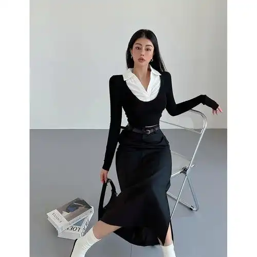 liviahome甜酷黑色西装半身裙女高腰修身显瘦中长款休闲开叉a字裙