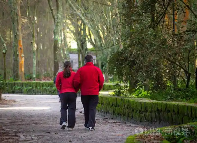 一对中年夫妇在绿色森林公园散步. 后方视野. 红色夹克.