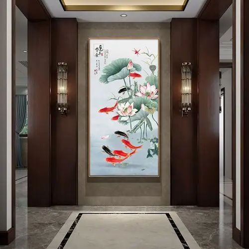 九鱼图风水招财墙画玄关装饰画新中式玄幻挂画进门画走廊过道壁画