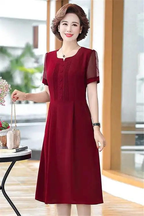 雪纺连衣裙中年妈妈装大码宽松中老年女装气质显瘦遮肚子口袋裙夏