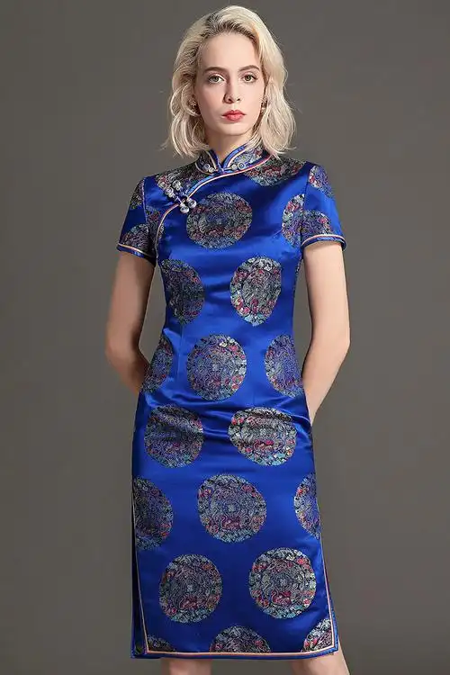 女款宝蓝色织锦缎旗袍