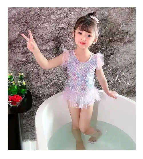 恒孞童装女童七彩美人鱼网纱泳衣连体露背可爱公主度假游泳衣女孩沙滩