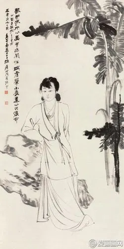 张大千《芭蕉仕女》-1942年张大千作水墨白描仕女画高清大图赏析