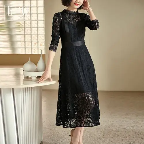 高端气质女装蕾丝镂空钩花连衣裙修身显瘦黑色长款正式场合女神范