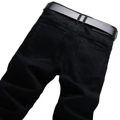 yuansu纯黑色牛仔裤男秋冬季男士休闲直筒裤弹力时尚厚款修身男裤子