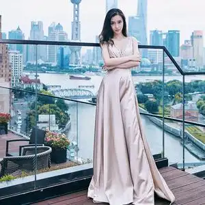 明星同款anglebaby杨颖晚礼服金色吊带v领高端缎面主持宴会连衣裙