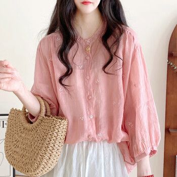 lgxp棉麻女装亚麻高档上衣粉色衬衫女夏款2023新款文艺通勤立领粉色